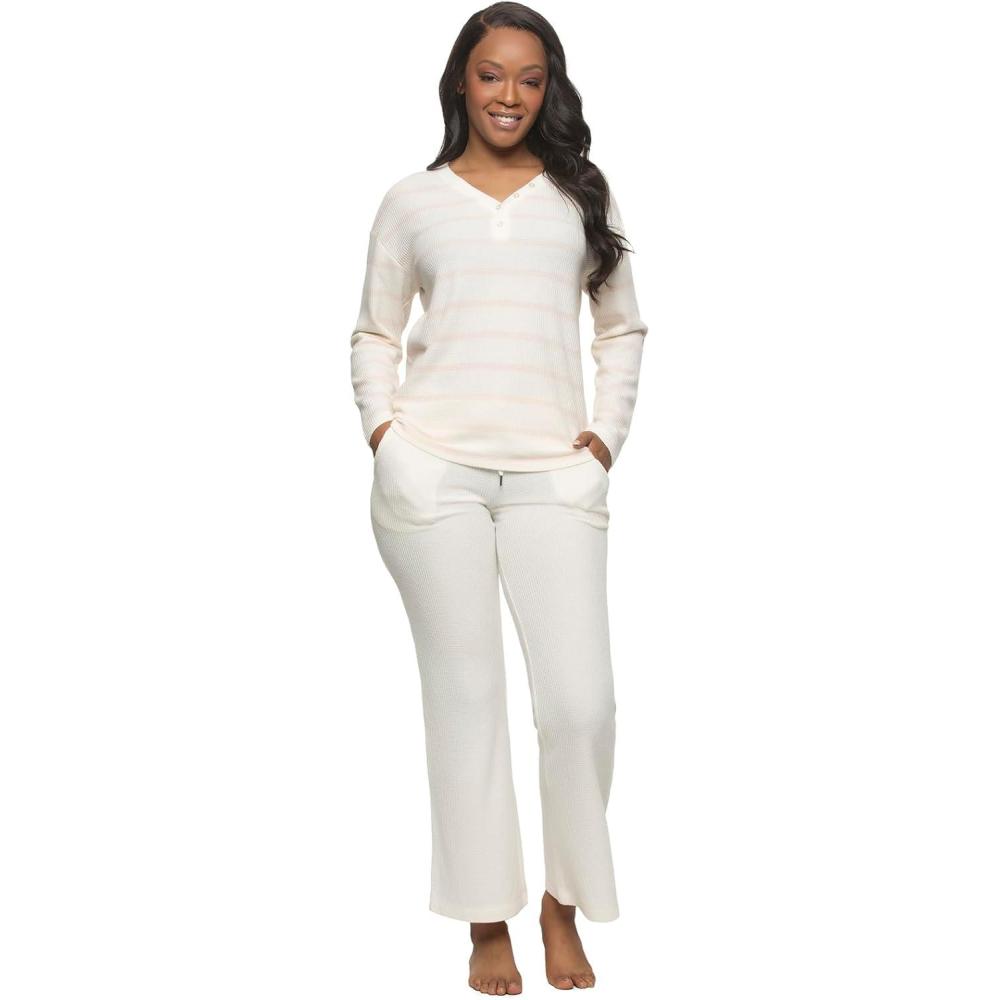imageFelina Jolie 2Piece Henley Lounge Set Relaxed Fit Knit Top ampamp Pants with Pockets LoungewearWhisper White