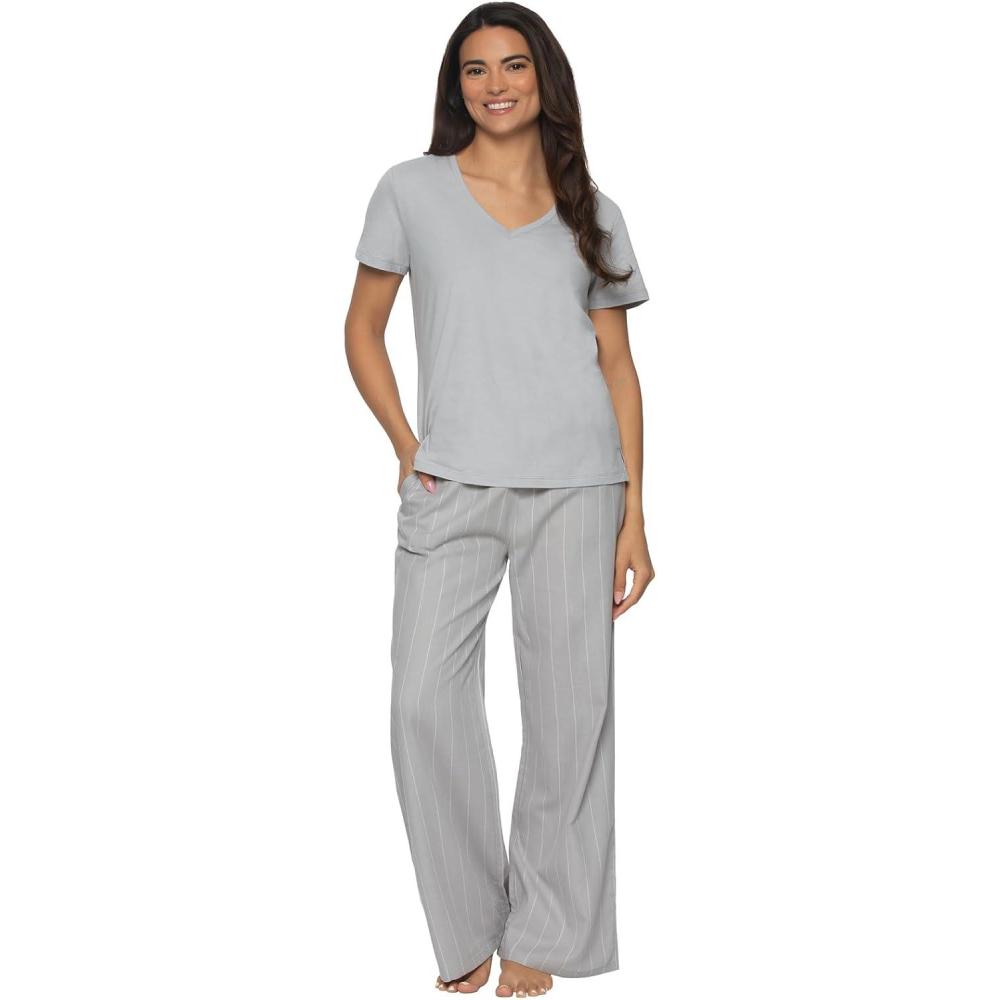 imageFelina  Mirielle VNeck Pajama Set  Soft Cotton Relaxed Fit AllSeason ComfortSteel Mist