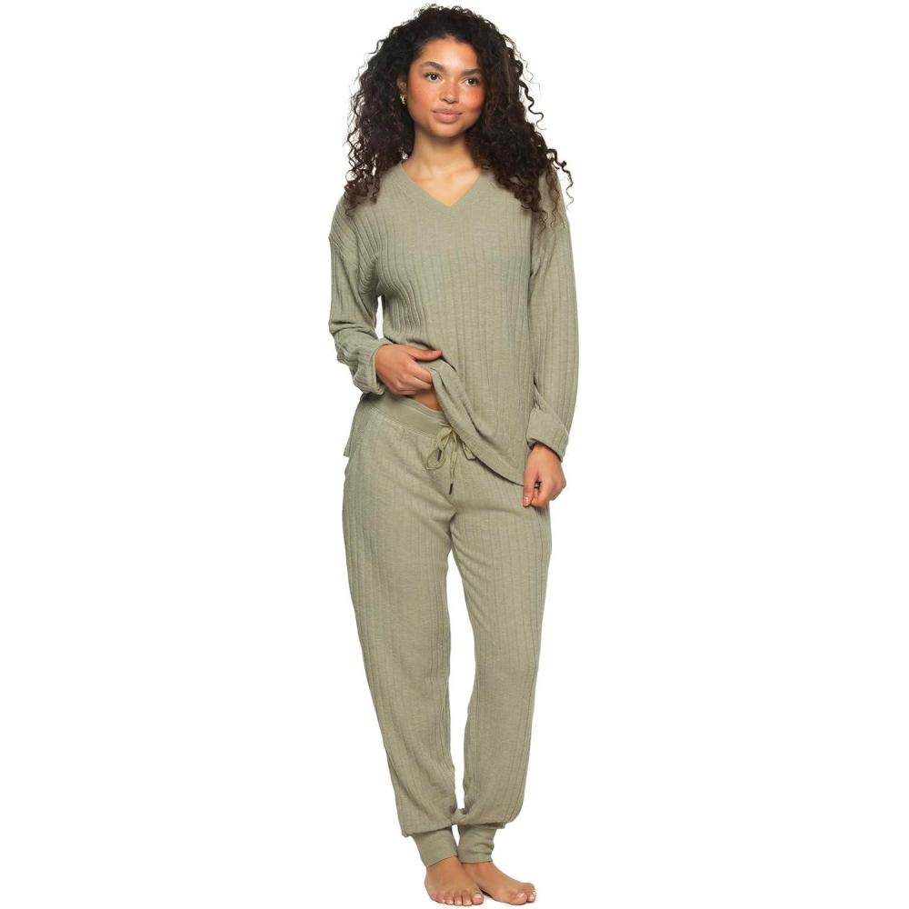 imageFelina  Serena VNeck Top ampamp Jogger Lounge Set  2Piece UltraSoft Knit Top ampamp Pants LoungewearForest Fog