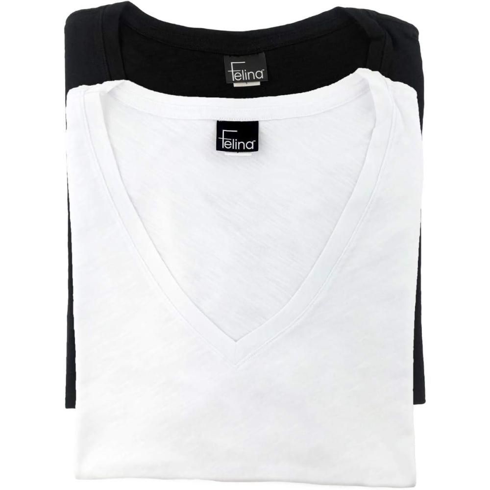 imageFelina  Slub Jersey VNeck TShirt  Short Sleeve  2PackBlack White