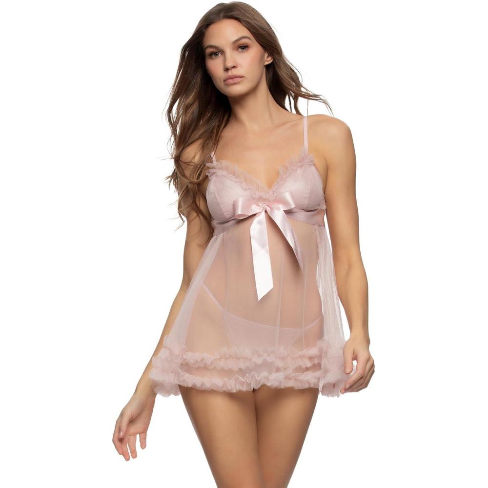 imageFelina  Veil Tulle Ruffle Babydoll ampamp Mesh GString Lingerie SetLotus