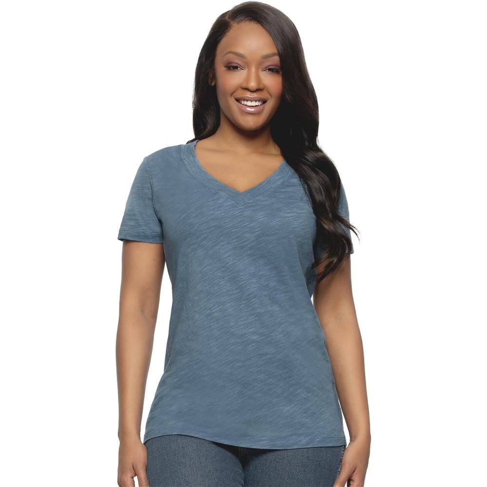 imageFelina Womens Slub Jersey VNeck Tunic Lightweight Casual Top Cotton Modal BlendBlue Ashes