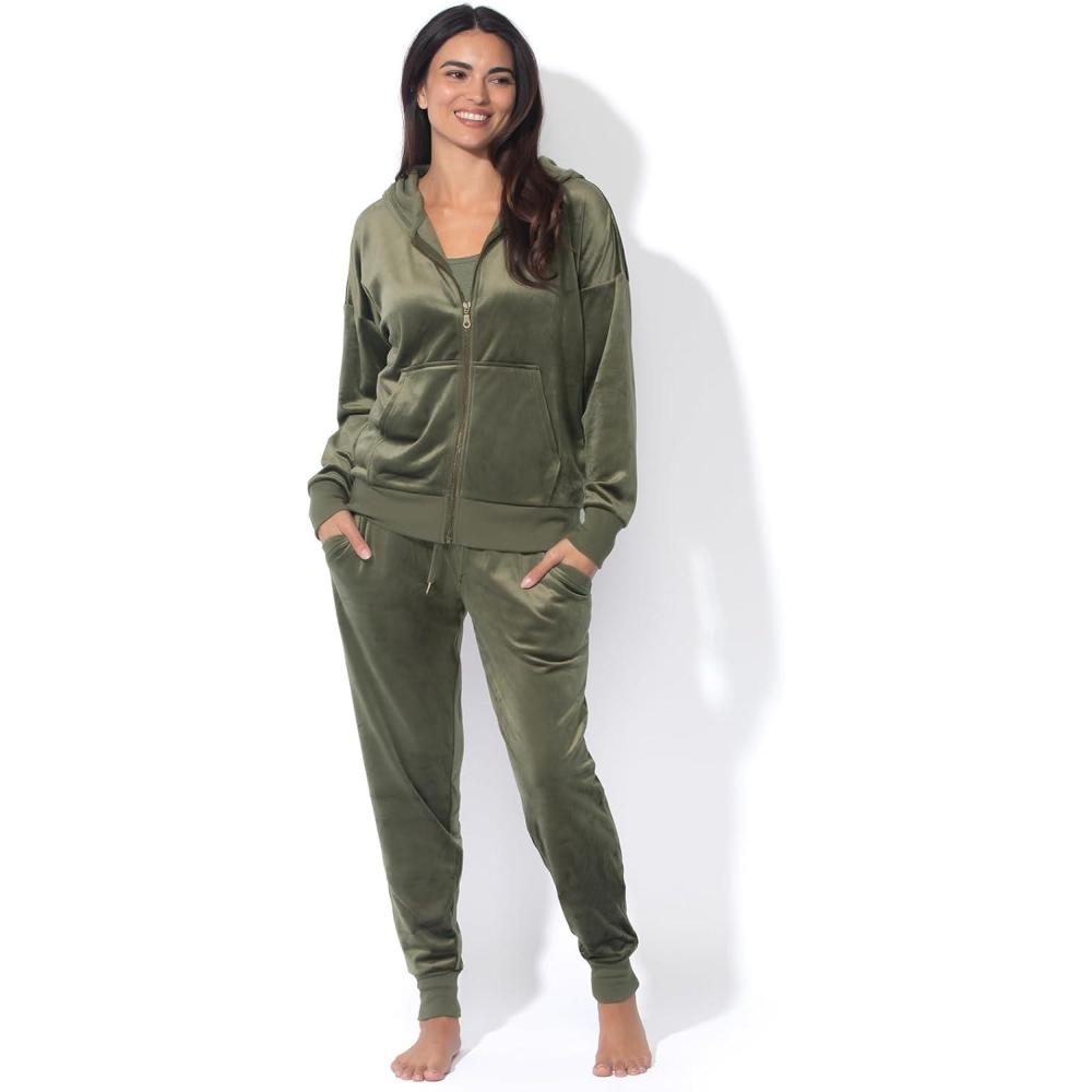 imageFelina  Womens Velour Zip Hoodie and Jogger Set Soft 2Piece Tracksuit Lounge SetDeep Olive