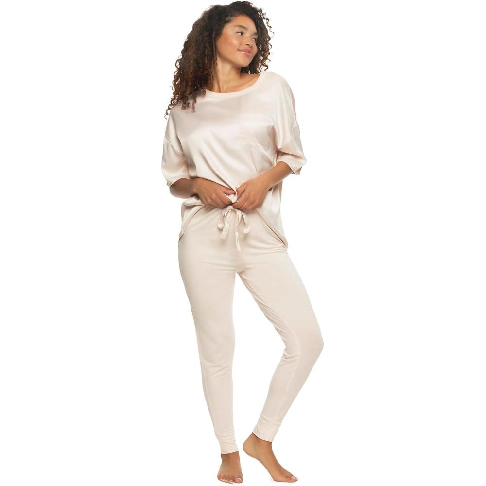 imageFelina Elysees Rich Satin Tee and Knit Jogger Set Pajama SetChampagne