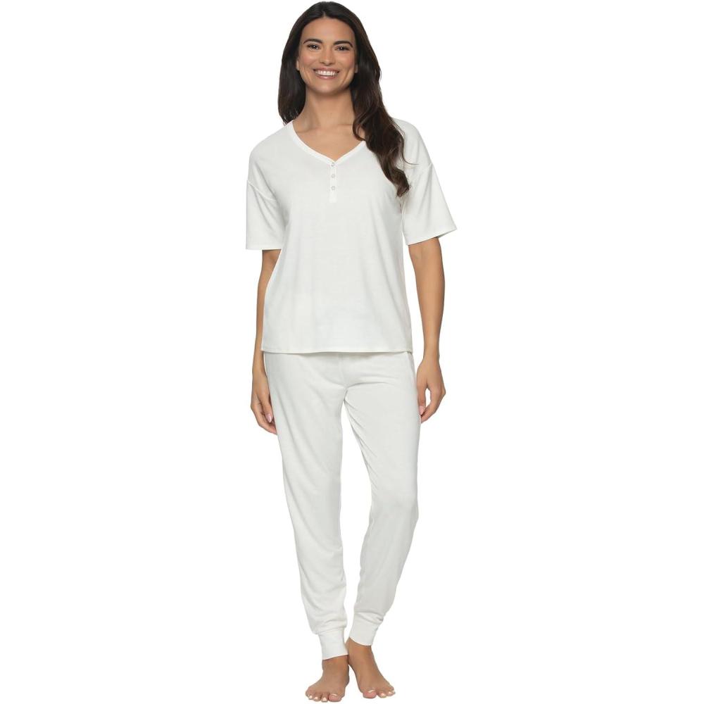imageFelina Jessie Jersey Knit Lounge Set Henley ampamp Jogger Lounge SetWhisper White
