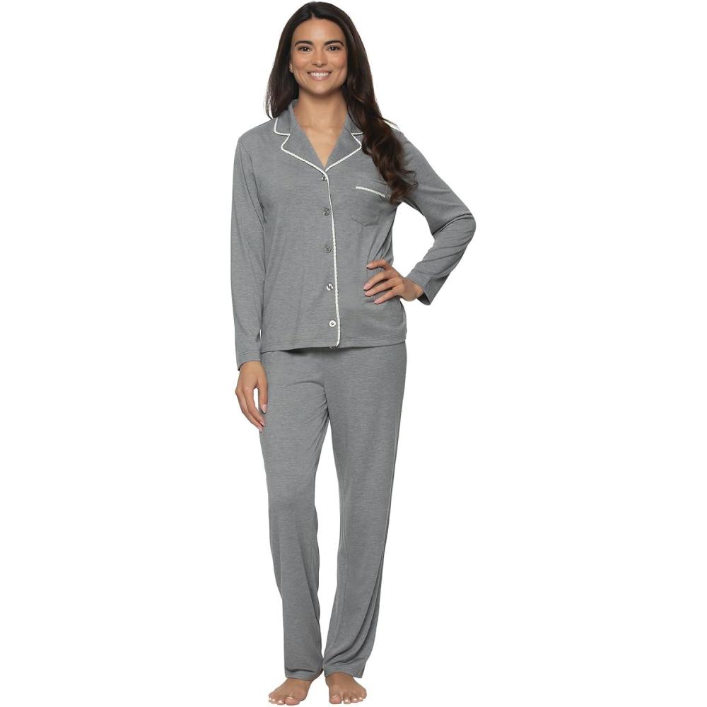imageFelina Jessie Long Sleeve Pajama Set 2 Piece Knit Pajama SetHeather Silver