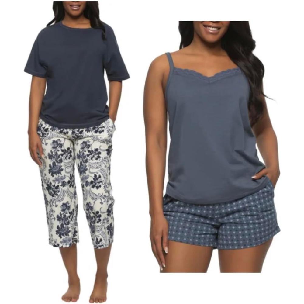 imageFelina Womens 4 Piece 100 Cotton Sleep Pajama Set Tee Tank Short and Capri PantBlue