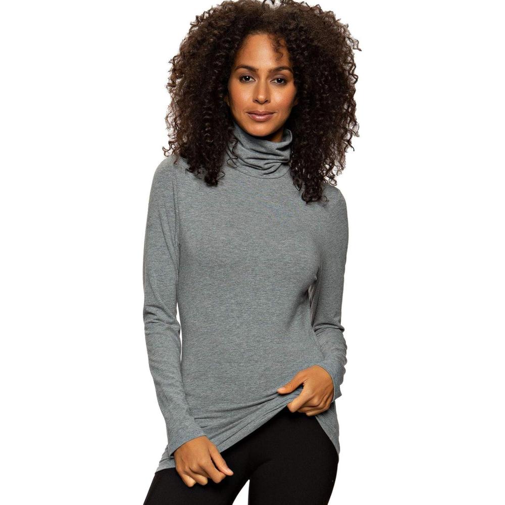 imageFelina Womens Long Sleeve Cotton Modal Turtleneck Top Breathable Lightweight Layering Essential Fitted Turtleneck SweaterMedium Heather Gray