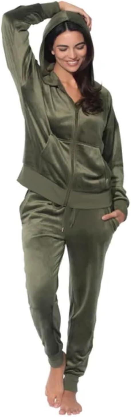 imageFelina Womens 2 Piece Velour Track Suit Hoodie and Jogger Lounge SetGreen