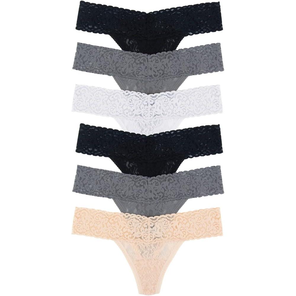 imageFelina Stretchy Lace Low Rise Thong Sexy Underwear for Women Thongs for Women Seamless Panties for Women 6PackBlack to Basics