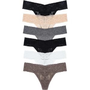 Felina Stretchy Lace Low Rise Thong – Sexy Underwear for Women, Thongs for Women, Seamless Panties for Women (6-Pack)(Bare Essentials)