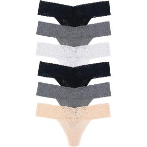 Felina Stretchy Lace Low Rise Thong – Sexy Underwear for Women, Thongs for Women, Seamless Panties for Women (6-Pack)(Black to Basics)