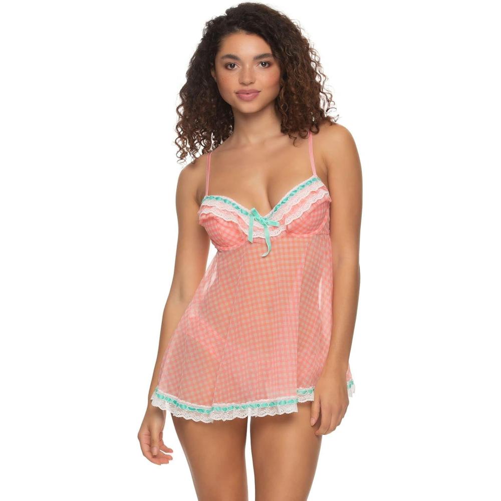 imageFelina Jezebel Womens Ruffles Galore Babydoll with Hipster Lingerie DemiShell Gingham