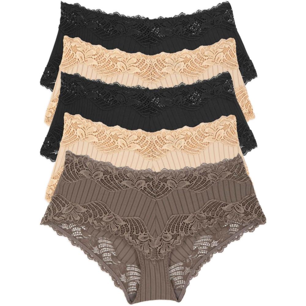 imageFelina Stripe Delight Hipster Panty 5Pack Paramour Lace MidRiseChic Neutrals