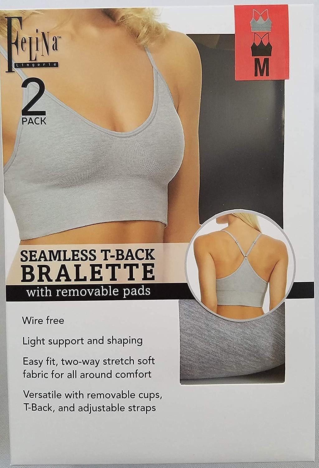 image:imageFelina Ladies Seamless TBack Wire Free Bralette with Removable Pads 2Pack Small Grey HeatherSolid Black