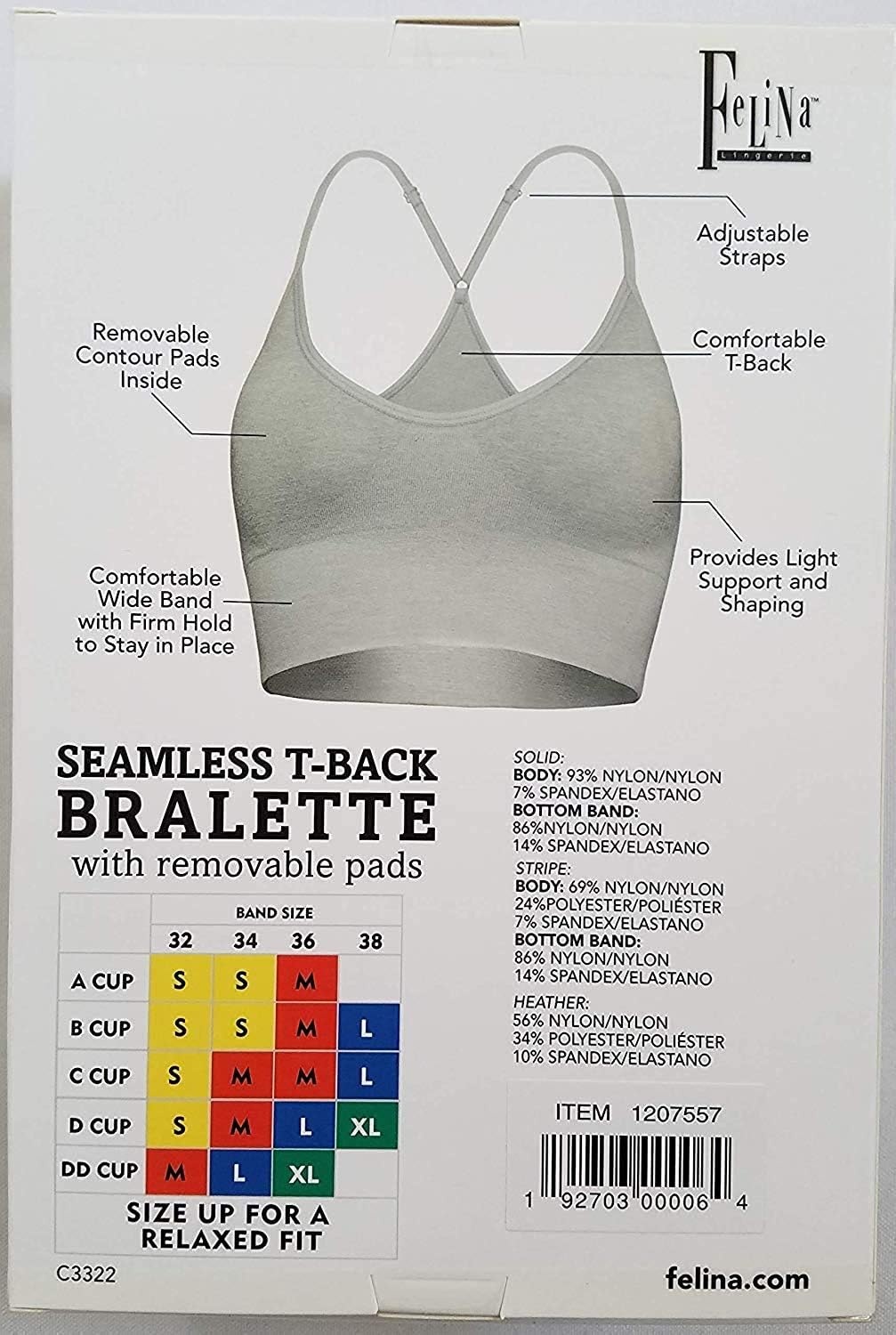 image:imageFelina Ladies Seamless TBack Wire Free Bralette with Removable Pads 2Pack Small Grey HeatherSolid Black