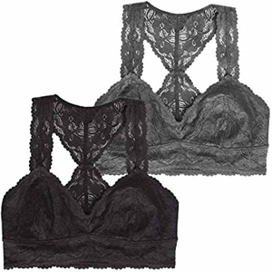 Felina Women’s Lace Racerback Bralette. Black/Grey. Large