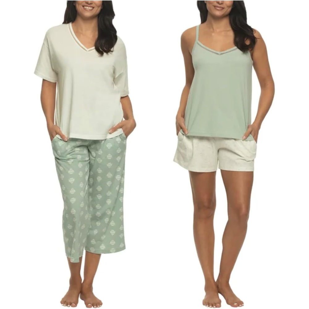 image:imageFelina Womens 4 Piece Cotton PJ Sleep Set Tee Tank Short and PantGreen