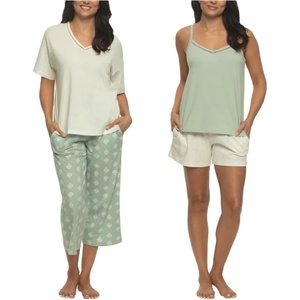 Felina Women’s 4 Piece Cotton PJ Sleep Set, Tee, Tank, Short, and Pant(Green (Whisper White/Aqua Gray))