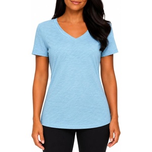 Felina Women’s Short Sleeve V-Neck Slub Tee Shirt(Blue)